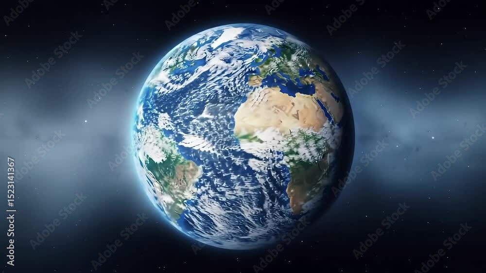 CGI representation of Earth rotating in space with clouds and oceans CGI representation of Earth rotating in space with clouds and oceans