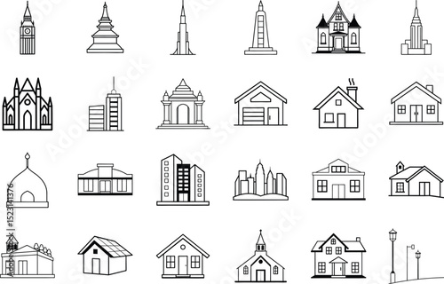 Diverse Architectural Styles Houses, Churches, Skyscrapers, and Landmarks