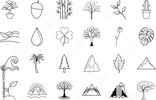 Nature Icons Plants, Trees, Water, Mountains, Minimalist Line Art