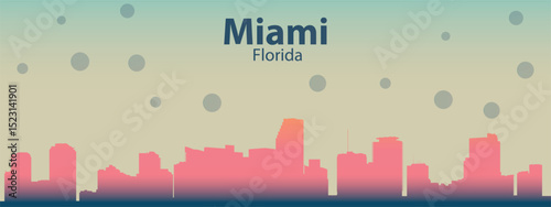is a stylized silhouette of the city skyline of Miami, Florida with pink buildings against a light beige sky with scattered dark circles that can symbolize rain or stars.
