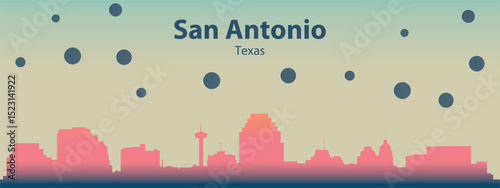 is a stylized silhouette of the city skyline of San Antonio, Texas with pink buildings against a light beige sky with scattered dark circles that can symbolize rain or stars.
