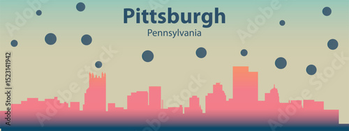 a stylized silhouette of the city skyline of Pittsburgh with pink buildings against a light beige sky with scattered dark circles that can symbolize rain or stars.