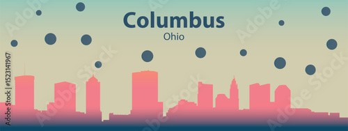 A stylized silhouette of the city skyline of Columbus, Ohio with pink buildings against a light beige sky with scattered dark circles that can symbolize rain or stars.