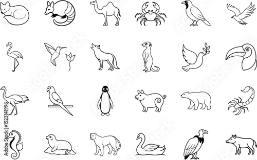 Diverse Animal Icons Cat, Fox, Camel, Bird, Crab, Wildlife Illustrations