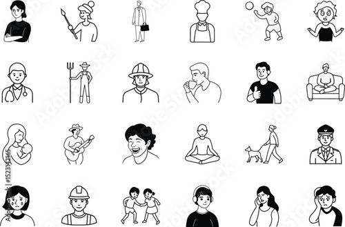 Diverse Professions Icons People, Occupations, Jobs, Careers, Line Art