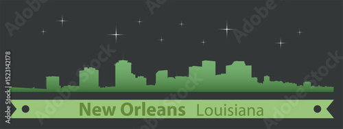 stylized skyline of New Orleans, Louisiana with green silhouette of buildings on a dark background against the sky with several stars and green ribbon for text