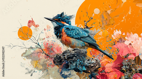 Kingfisher in Abstract Watercolor Bloom Vibrant Avian Art photo