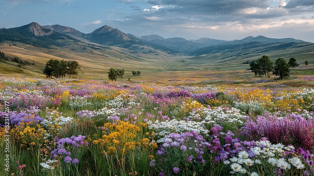 Obraz premium A field of wildflowers surrounded by majestic mountains and fluffy clouds above