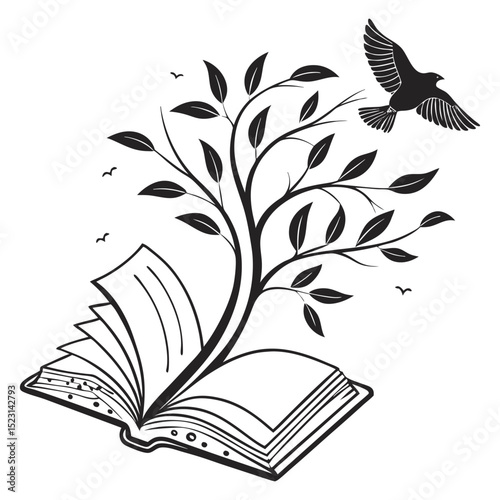 Open book tree growing bird flying knowledge
