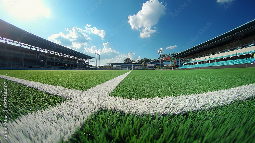 Fototapeta premium Close-Up View of Green Artificial Turf Football Field with Marked White Stripes