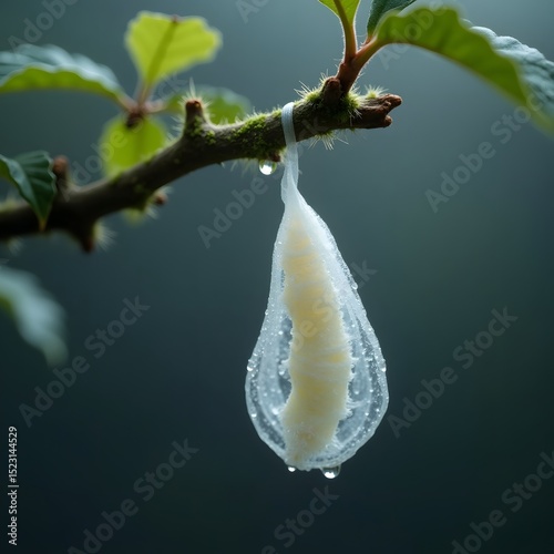 Macro close up of a transparent sack holding a caterpillar on a branch