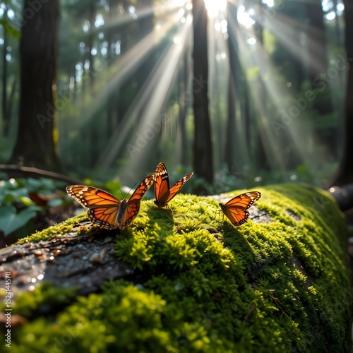Monarch butterflies resting on a mossy log with sunbeams filtering through the forest canopy