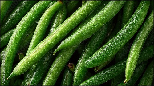   A group of green beans is arranged on a table