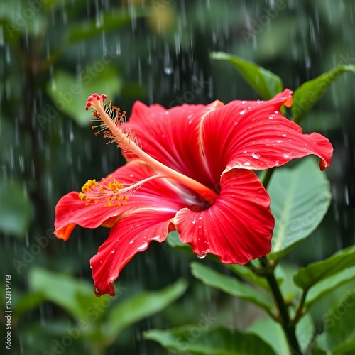 Stunning red hibiscus flower blooming in the rain with delicate water droplets on petals