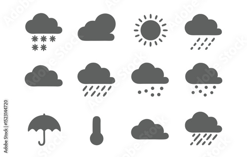 Black Weather Forecast Icon Set with Rain, Sun, Moon, Cloud, Storm, Fog, Snow and Temperature Symbols