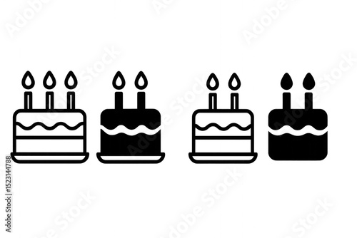 A colorful birthday cake icon with candles and sprinkles, in a vector style, isolated on transparent background.
