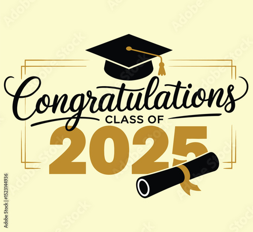 Class of 2025 Congrats lettering logo design. Congratulation graduation golden 2025 number with black academic cap for college event invitation or high school