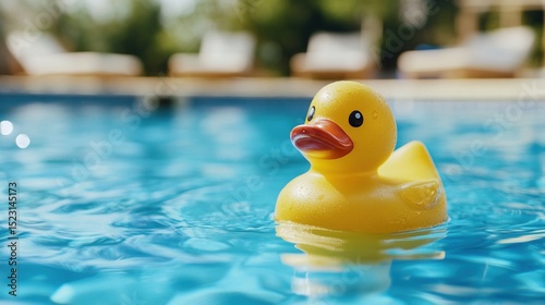 Yellow Rubber Duck Floating in Blue Pool on a Sunny Summer Day