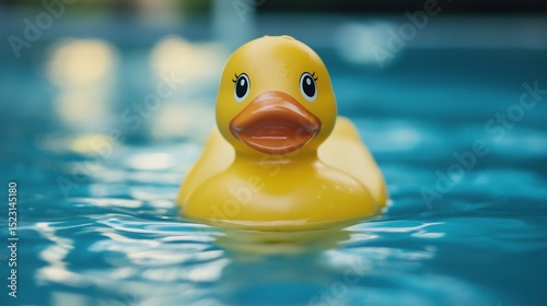 Front-facing close-up of a bright yellow rubber duck with wide cartoon eyes floating on a pool