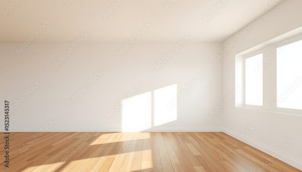 Fototapeta premium Illuminate a bright minimalist room with warm sunlight casting soft shadows on sleek wooden walls and polished floors, showcasing clean architectural lines in a 3D render., hyperrealism. White tone