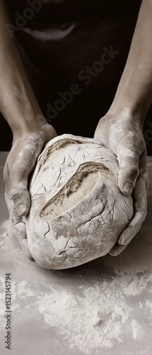 Black and white photograph of a pair of hands kneading dough on a table. the hands are covered in flour and the dough appears to be freshly baked.