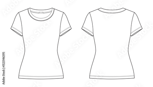 Technical drawing of a casual women's T-shirt, front and back view, fitted silhouette, crew neck, short sleeves, and detailed stitching. Perfect for fashion tech packs and design projects.