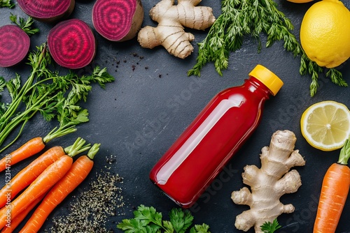 Healthy detox juice bottle surrounded by fresh beets, carrots, ginger, lemon and herbs on dark stone background