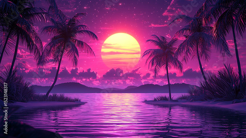 Vibrant Pink Sunset Tropical Palms and Serene Lagoon
