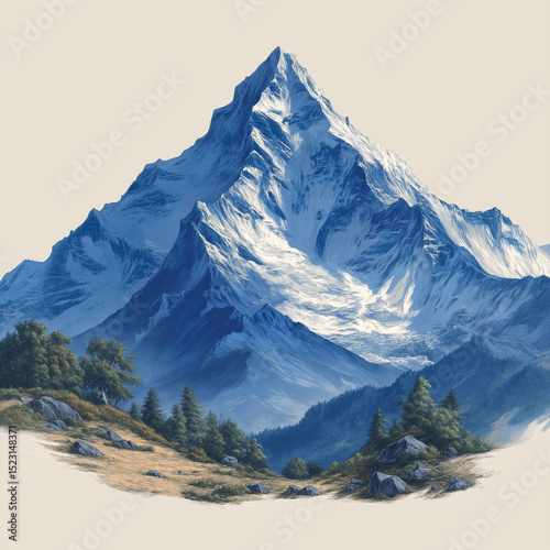 Stylized vector of a solitary mountain peak with trees in foreground  