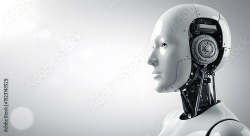 A full side profile of a realistic humanoid robot facing left, standing at the far right of the frame.