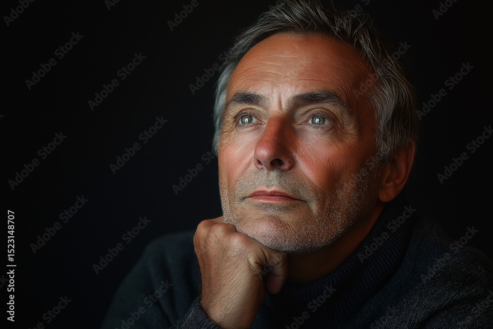 Obraz premium Introspective Elderly Man in Thoughtful Portrait - Studio Lighting & Expressive Close-Up with Dramatic Background