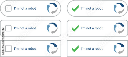 Captcha. I'm Not a Robot. Robot verification reCAPTCHA. Captcha with buttons for start testing. Computer random captcha test. Vector illustration.