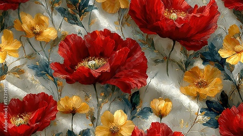   A painting featuring red, yellow, and green flowers against a white and gray backdrop, adorned with leaves and flora