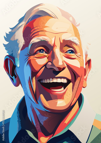 Elderly man laughing with family. Funny cartoon man.
