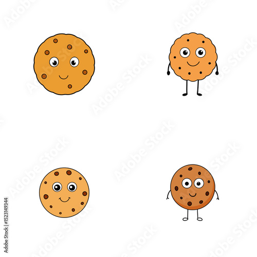 Four cute cartoon cookies with chocolate chips and smiling faces on a white background in a square layout