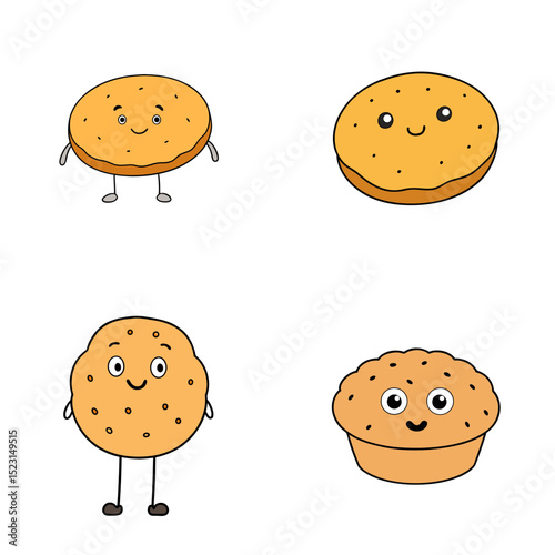 Cartoon illustration featuring four cute cookies with different poses and facial expressions shown