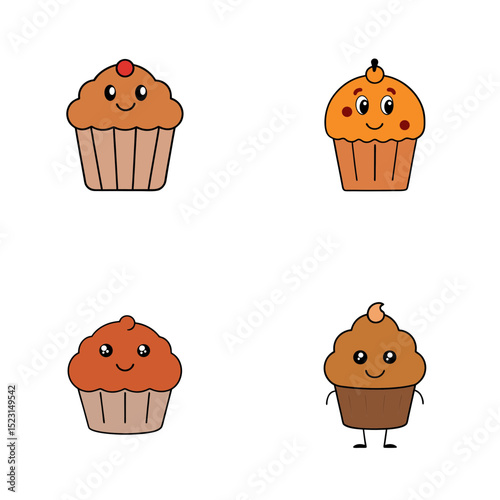 Four cute cartoon cupcakes with different toppings and expressions arranged on a white background space