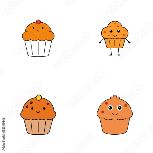 Four cartoon cupcakes with different toppings and facial expressions on a white background are displayed