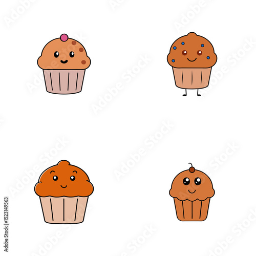 Four cartoon cupcakes with different toppings and expressions arranged on a white background image
