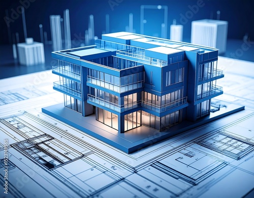 Modern building model on architectural blueprints