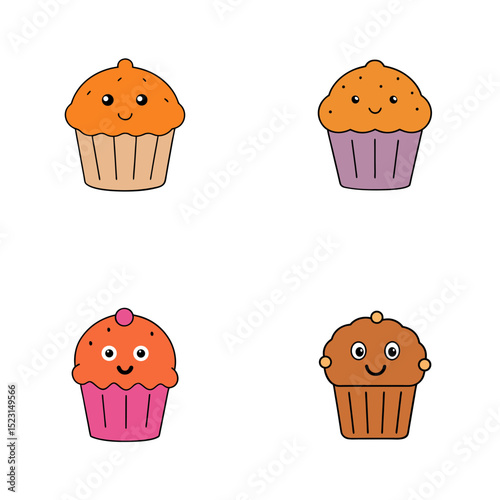 Four cute cupcakes with different colors and toppings arranged in a square grid on a white background
