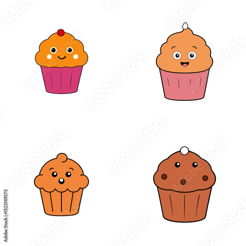 Illustration of four cartoon cupcakes with various toppings and facial expressions on a white background