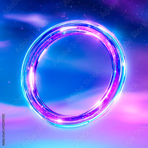 A shiny ring with iridescent colors hangs in outer space. Stars and purple, blue, and pink clouds fill the background, giving a magical, ethereal feel