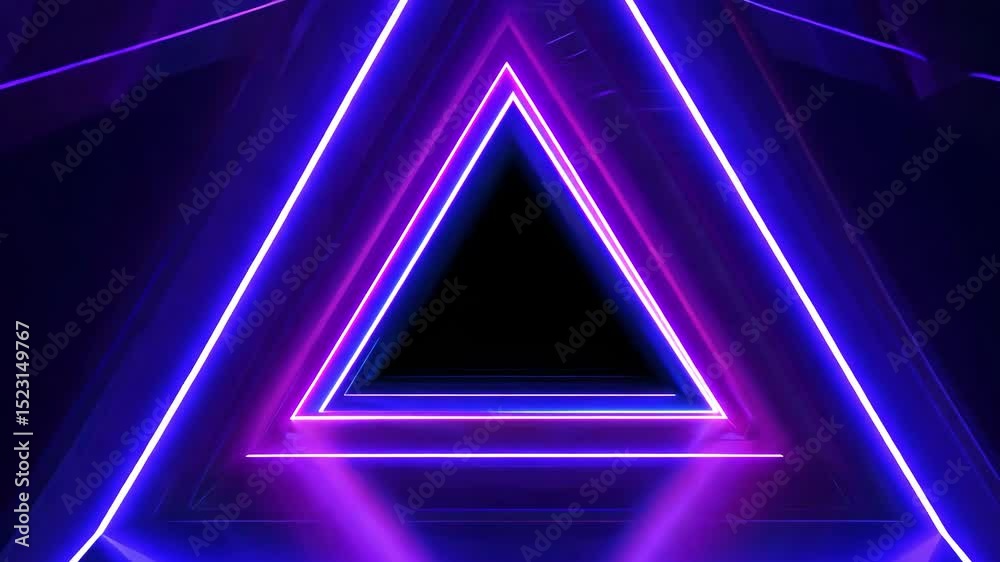 Glowing purple neon triangular tunnel with dynamic light reflections creating futuristic sci-fi video frame effect