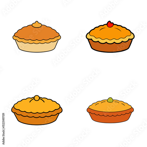 Four cartoon pies with different toppings arranged in a square pattern on a white background image