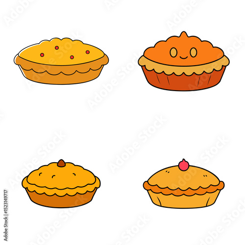 A collection of four cartoon pies with different fillings and toppings on a white background display