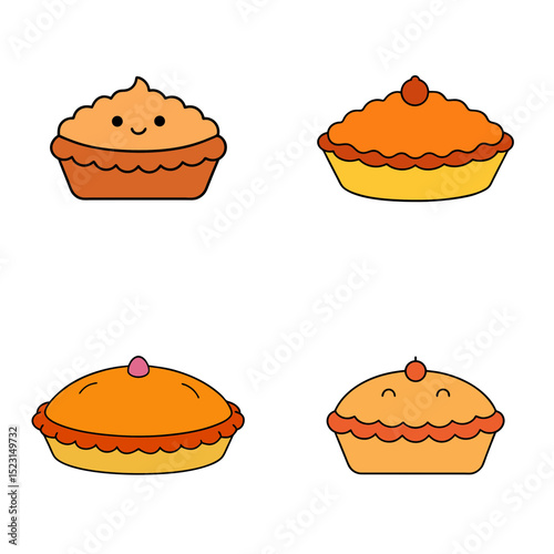 Four cute cartoon pies with different toppings and facial expressions arranged on a white background