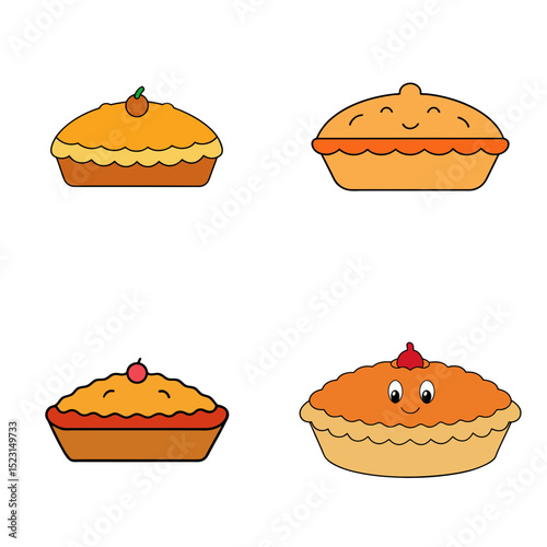 Illustration showing four cartoon pies with different toppings and facial expressions on a white background