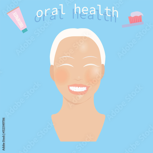 oral health poster with girl with a big smile on her face, toothpaste and toothbrush vector illustration