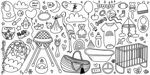 Baby elements doodle hand drawn vector set. New born Baby line doodle set